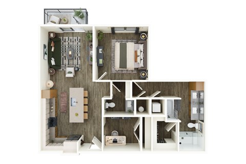 A dollhouse with a white table and chairs in the front room.